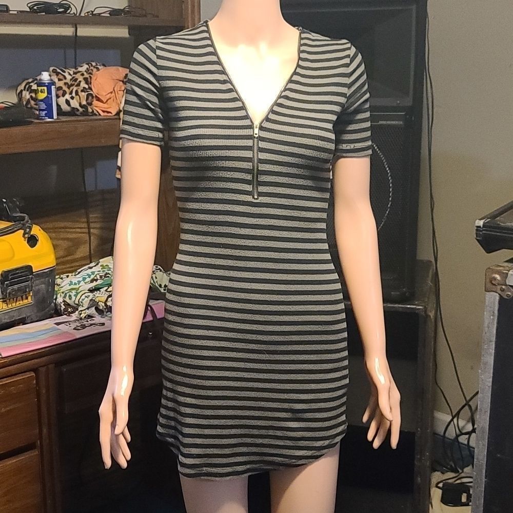 Rue21 sexy Grey & black stripe bodycon zipper neckline dress